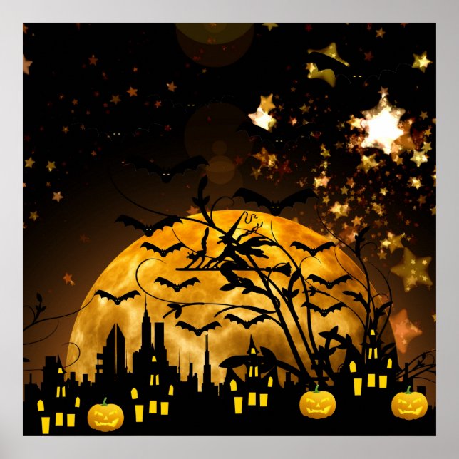 Póster Volando Witch Harvest Moon Bats Regalos de Hallowe (Frente)