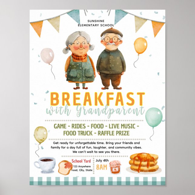 Póster Volante de desayuno editable con abuelo (Frente)