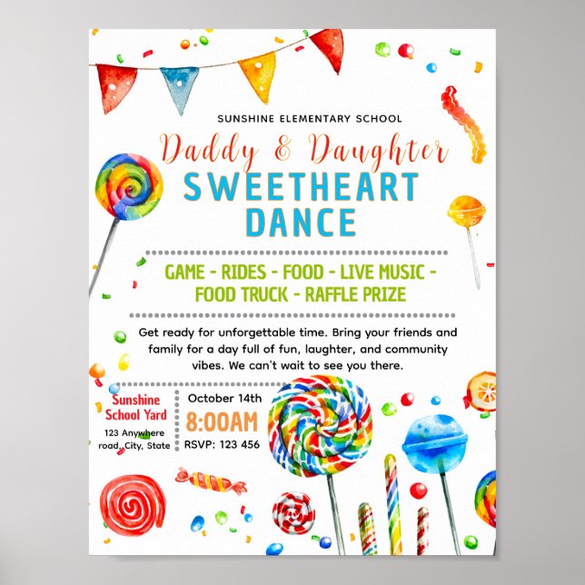 Póster Volante editable de baile escolar de dulces (Frente)