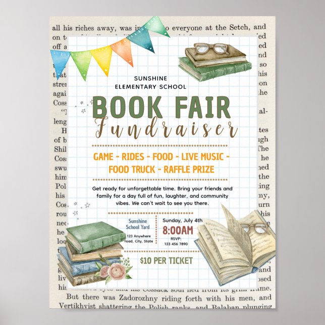 Póster Volante editable de feria de libros para recaudaci (Frente)