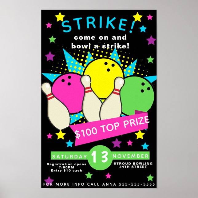 Póster volante nocturno de bolos neon glow, torneo de bol (Frente)