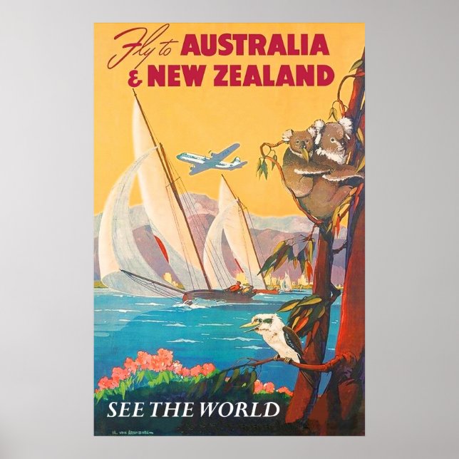 Póster Volar a Australia y Nueva Zelanda, ver el mundo (Frente)
