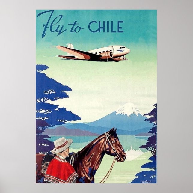 Póster Volar a chile, hombre con caballo, aerolínea vinta (Frente)