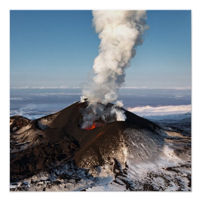 Póster Volcán de erupción de cráter: lava, gas, vapor, ce (Anverso)
