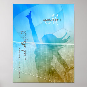 Póster voleibol femenino en la playa arena surf cielo