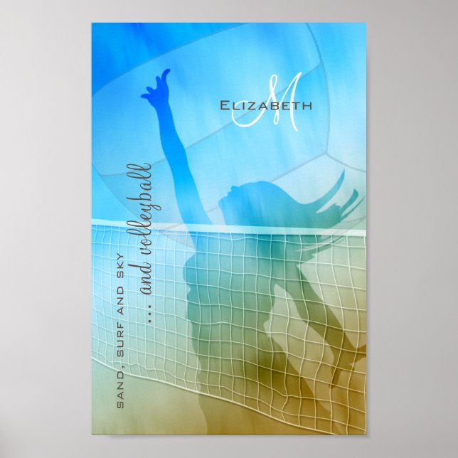 Póster voleibol femenino en la playa y cielo de surf (Frente)