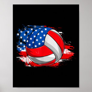 Póster Voleibol Retro Bandera Estadounidense Día De La In