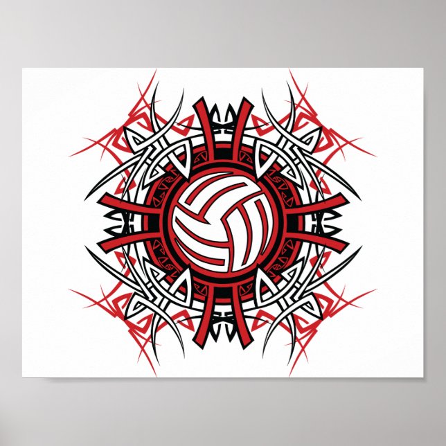 Póster Voleibol tribal Mandala Deportes rojos y negros (Frente)