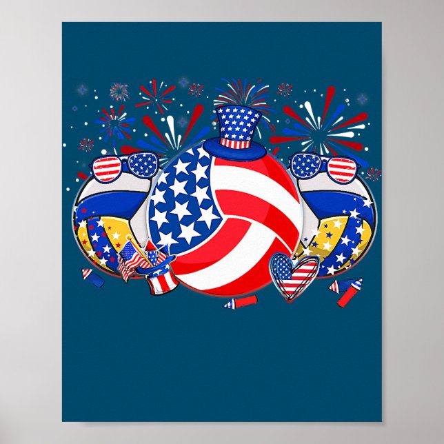 Póster Volleyball USA Flag Hat Fireworks Patriotic 4th (Frente)