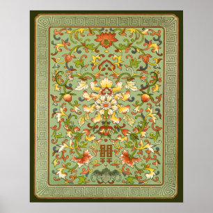 Póster Volutas florales chinas del Peony en el jade