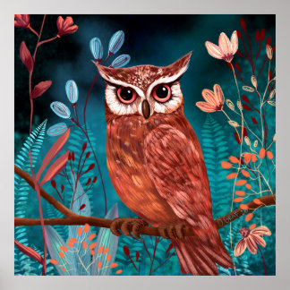 Póster Vom Künstler handillustrierte Eule – Boho Natur