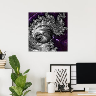Póster Vórtice fractal plateado y púrpura
