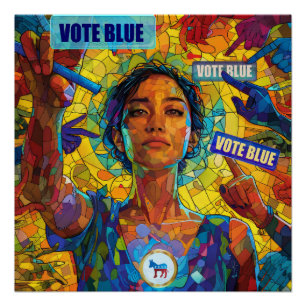 Póster Votar a las mujeres con mosaico azul