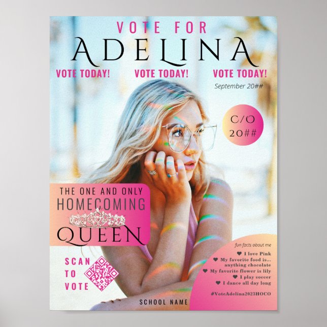 Póster Votar Homecoming Queen Pink Magazine Style HOCO (Frente)