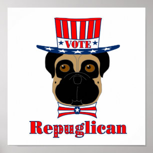 Póster Vote rePUGlican Funny Pug en el Gorra azul blanco