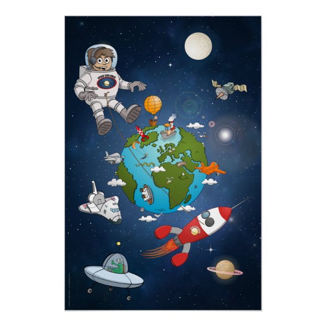 Póster Vrolijke en kleurrijke “Space explorer”  (Anverso)