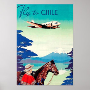 Póster Vuela a Chile, hombre con caballo, aerolínea vinta