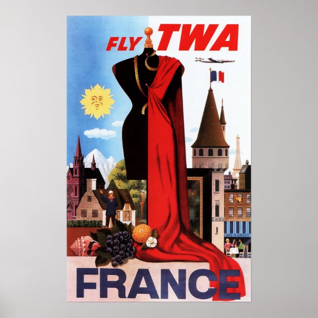 Póster Vuelo a FRANCE Europe Fashion Capital Old Airlines (Frente)