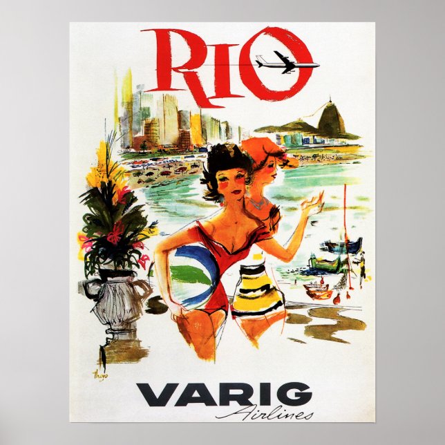 Póster Vuelo a RIO BRAZIL Varig Airlines Viajes de época (Frente)