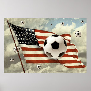 Póster Vuelo de las bolas de fútbol bandera de Estados Un
