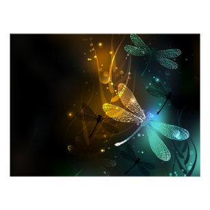 Póster Vuelo de libélula luminosa verde