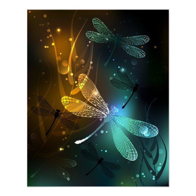 Póster Vuelo de libélula luminosa verde (Anverso)