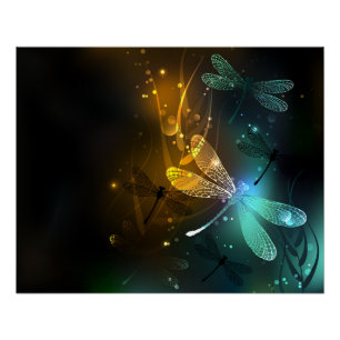 Póster Vuelo de libélula luminosa verde