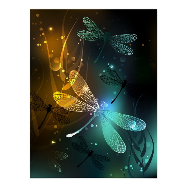 Póster Vuelo de libélula luminosa verde (Anverso)