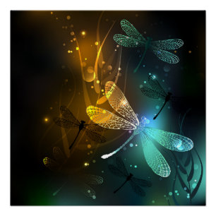 Póster Vuelo de libélula luminosa verde