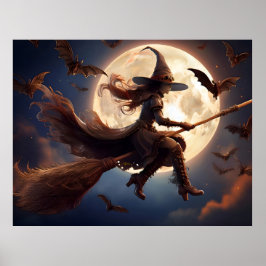 Póster Vuelo en la luna de bruja de Halloween Steampunk