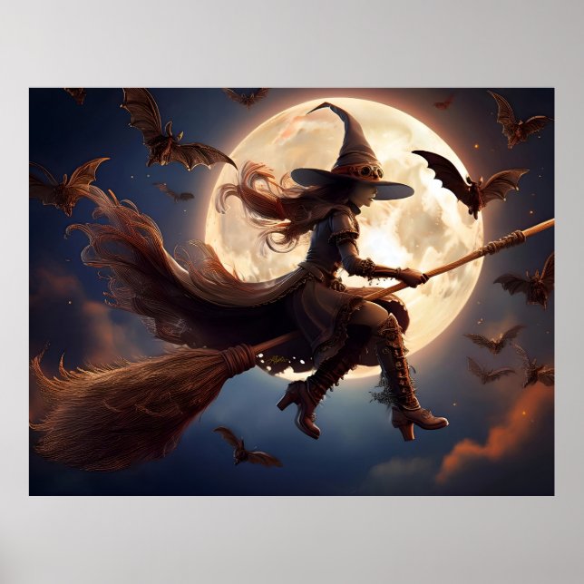 Póster Vuelo en la luna de bruja de Halloween Steampunk (Frente)