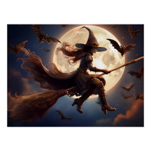 Póster Vuelo en la luna de bruja de Halloween Steampunk