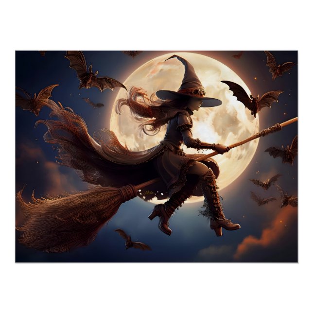 Póster Vuelo en la luna de bruja de Halloween Steampunk (Anverso)