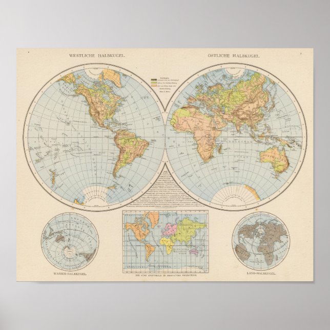 Póster W, E Halbkugel World Map (Frente)