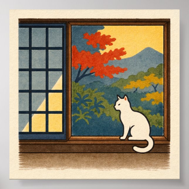 Póster Wa – Quiet Window with White Cat (Frente)