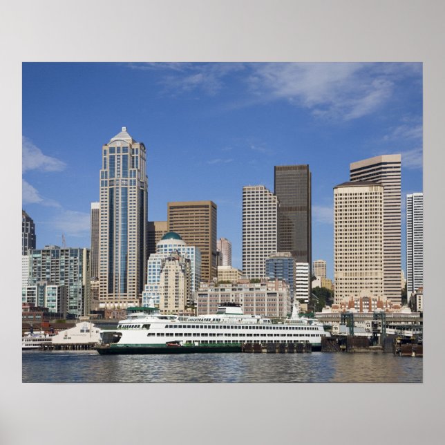 Póster WA, Seattle, horizonte de Seattle con ferry (Frente)
