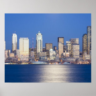 Póster WA, Seattle, horizonte de Seattle y bahía de Ellio
