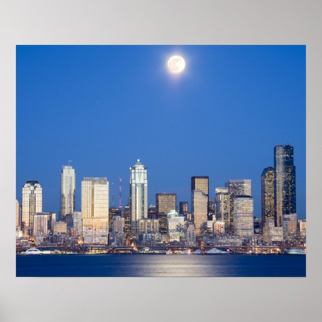 Póster WA, Seattle, Seattle skyline and Elliott Bay 3 (Frente)