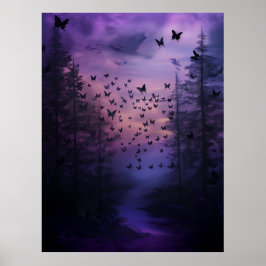 Póster Wabi Sabi Black Butterflies Purple Forest Resumen