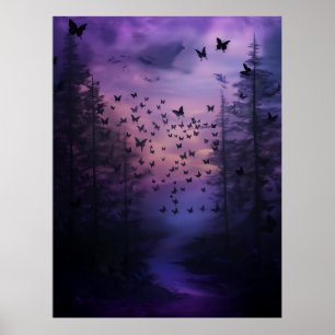 Póster Wabi Sabi Black Butterflies Purple Forest Resumen