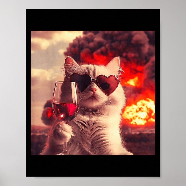 Póster Wacky Cat Holding Wine Selfi With Fire Funny Sungl (Frente)