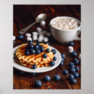 Póster Waffles belgas con arándano y chocolate caliente
