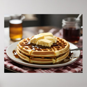 Póster Waffles en placa con jarabe y botón encima