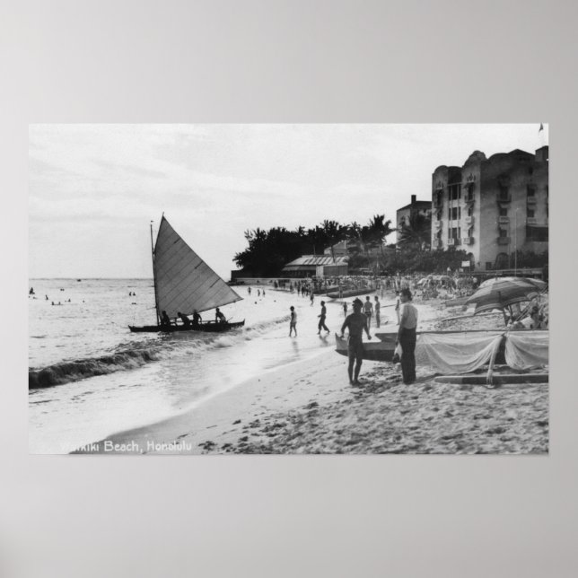 Póster Waikiki Beach and Boats Honolulu (Frente)