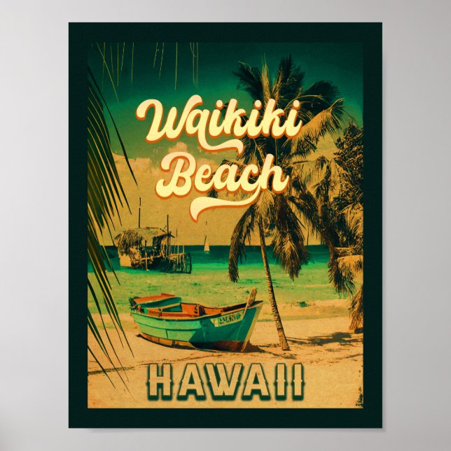 Póster Waikiki Beach Hawaii recuerdo de palmeras antiguas (Frente)