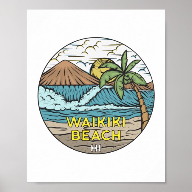 Póster Waikiki Beach Hawaii Vintage (Frente)