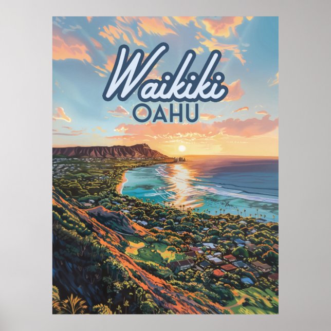Póster Waikiki Beach Honolulu Oahu Hawaii Retro (Frente)