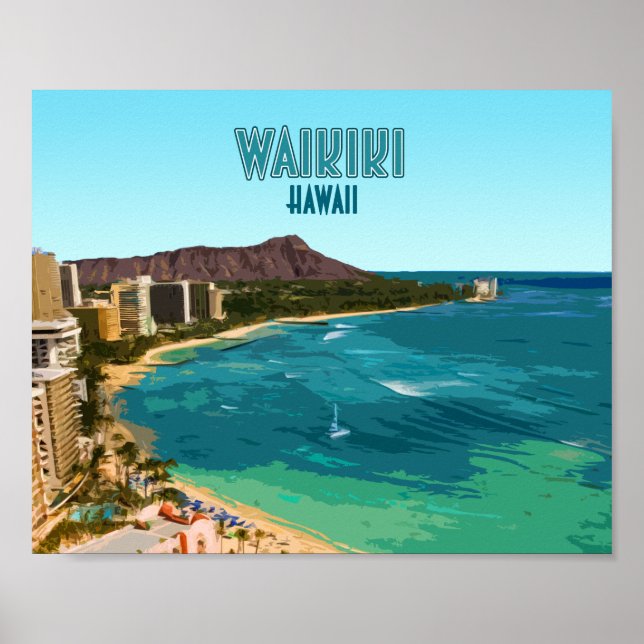 Póster Waikiki Beach Honolulu Oahu Hawaii Vintage (Frente)