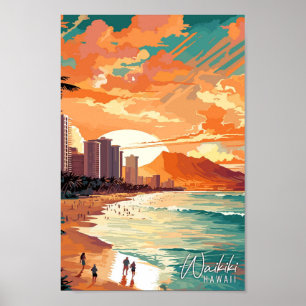 Póster Waikiki Hawaii ilustracion de viajes vintage de ar
