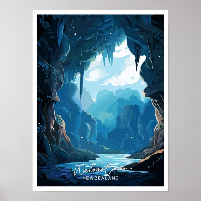 Póster Waitomo Cuevas ilustracion de viajes de Nueva Zela (Frente)